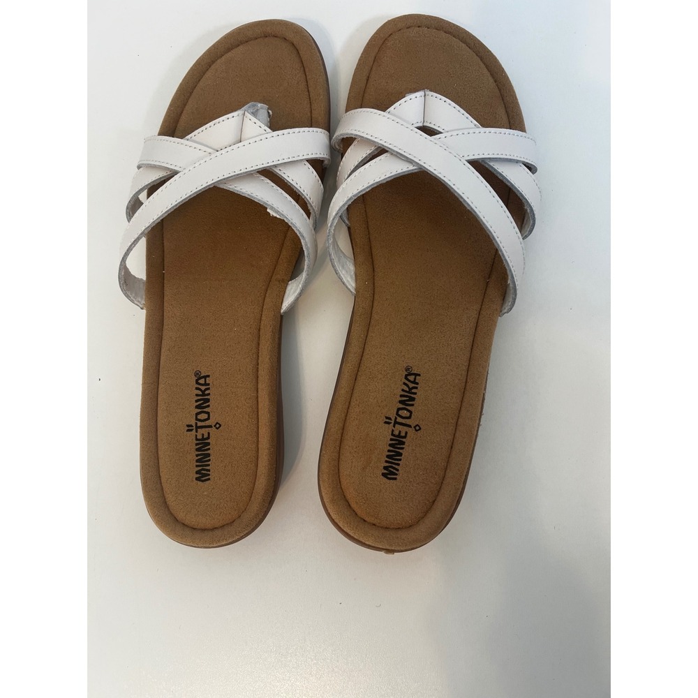 Minnetonka Sunny Thong Sandal Womens White Leather Criss Cross Strap Sz  10N NIB